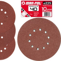 Set di 10 Dischi Abrasivi | Carta Vetrata | Ø225 mm | Granulazione P40-240 | 10 Fori | per Levigatrice a Giraffa
