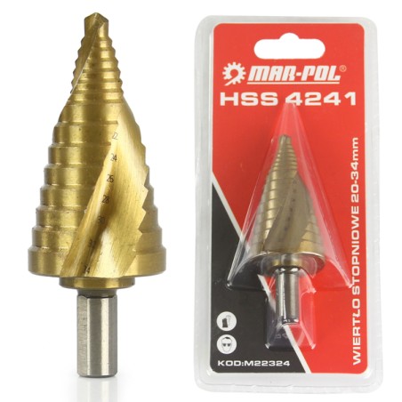 Punta HSS a Scalino a Spirale | per Trapano | Graduata | Intervallo Diametro 20-34 mm | Attacco 10 mm | Gradazione Ogni 2 mm