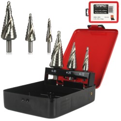 Set di Punte HSS a Scalino a Spirale| per Trapano | 3 Pezzi | Graduate | Ø4-32 mm | Attacco 6-10 mm | Gradazione Ogni 1-2 mm | con Scatola