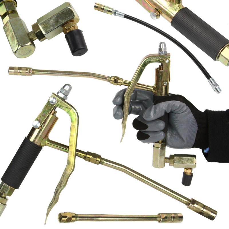 Pistola per Ingrassatore Pneumatico da 12-15L | con Estremità Rigida e Flessibile | Impugnatura Antiscivolo