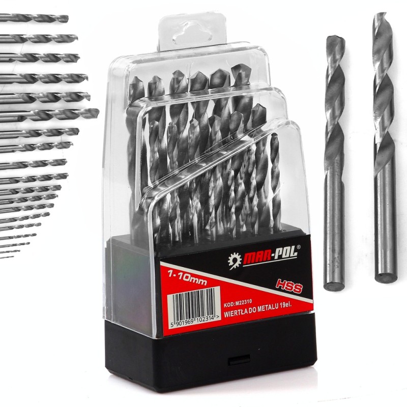 Set kit 19 pezzi punte trapano 1-10mm HSS in acciaio per legno metallo Set kit 19 pezzi punte trapano 1-10mm HSS in acciaio per legno metallo