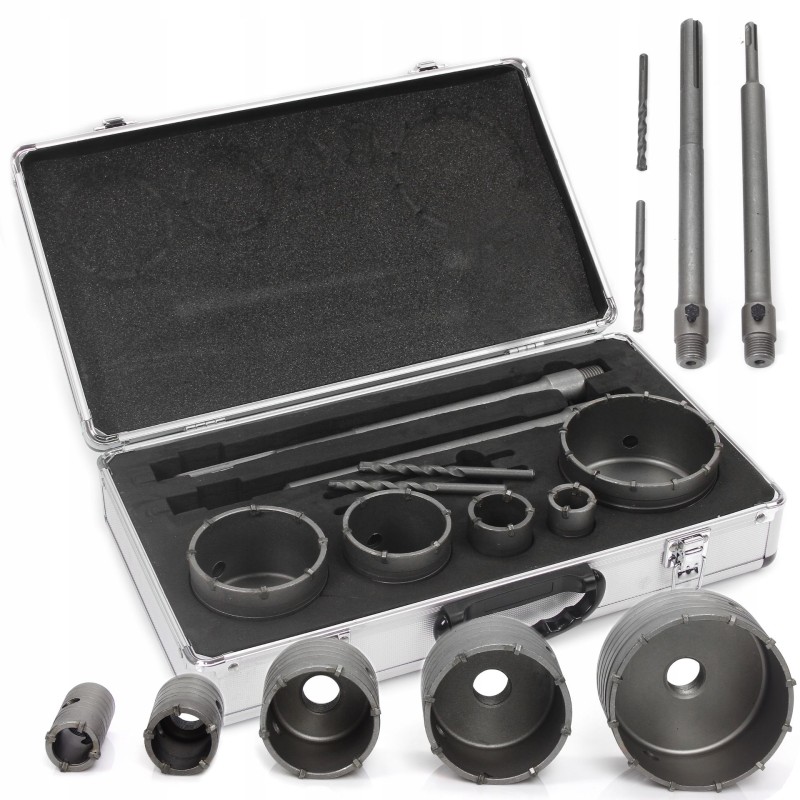 Set kit seghe a tazza per cemento muro 9pz mandrino SDS+ MAX incluso Ø30-100 mm Set kit seghe a tazza per cemento muro 9pz mandrino SDS+ MAX incluso Ø30-100 mm