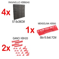 Pannelli Porta Attrezzi + Accessori | Pannelli 115,2x78 cm | 1 Mensolina | 2 Set di Ganci