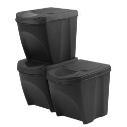Set di Bidoni Cestini SortiBox ECO | per Raccolta Differenziata Riciclaggio | Impilabili | 25 Litri | Antracite | in Plastica e 33% di Legno| per Casa Interni